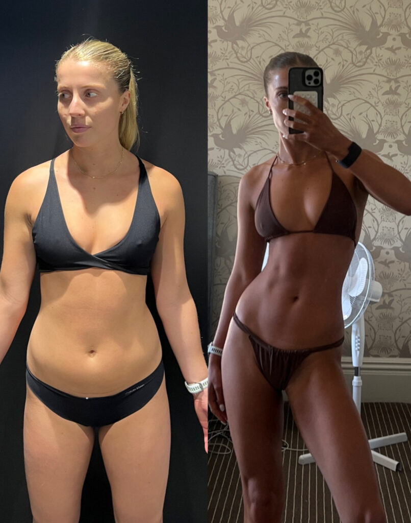 before and after transformation photo of dare coach izzy - 12 months apartin her strength training journey
